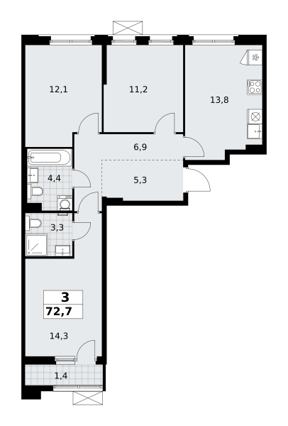 Планировка 3-комнатная квартира в ЖК "Прокшино"