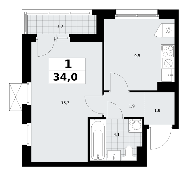 Планировка 1-комнатная квартира в ЖК "Прокшино"