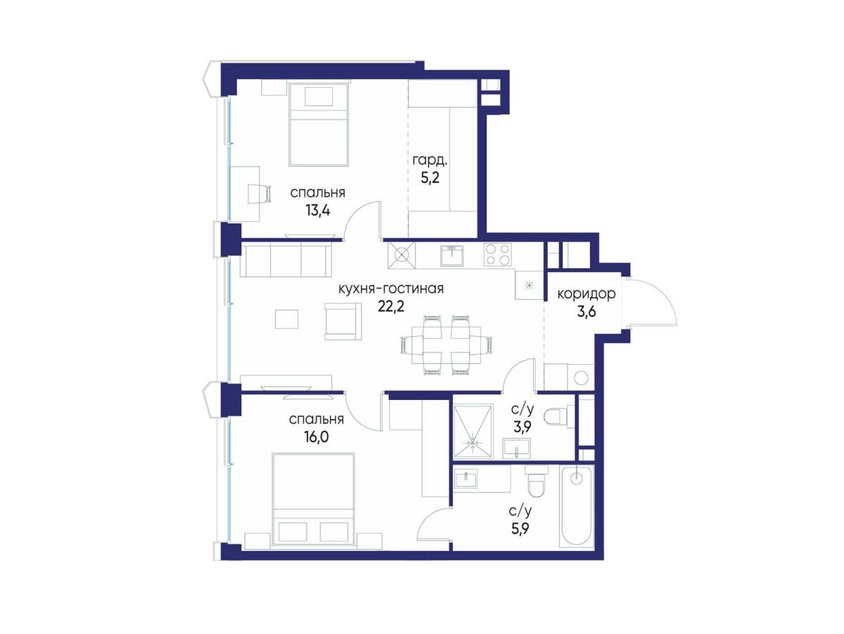 Планировка 2-комнатная квартира в ЖК "Остров"