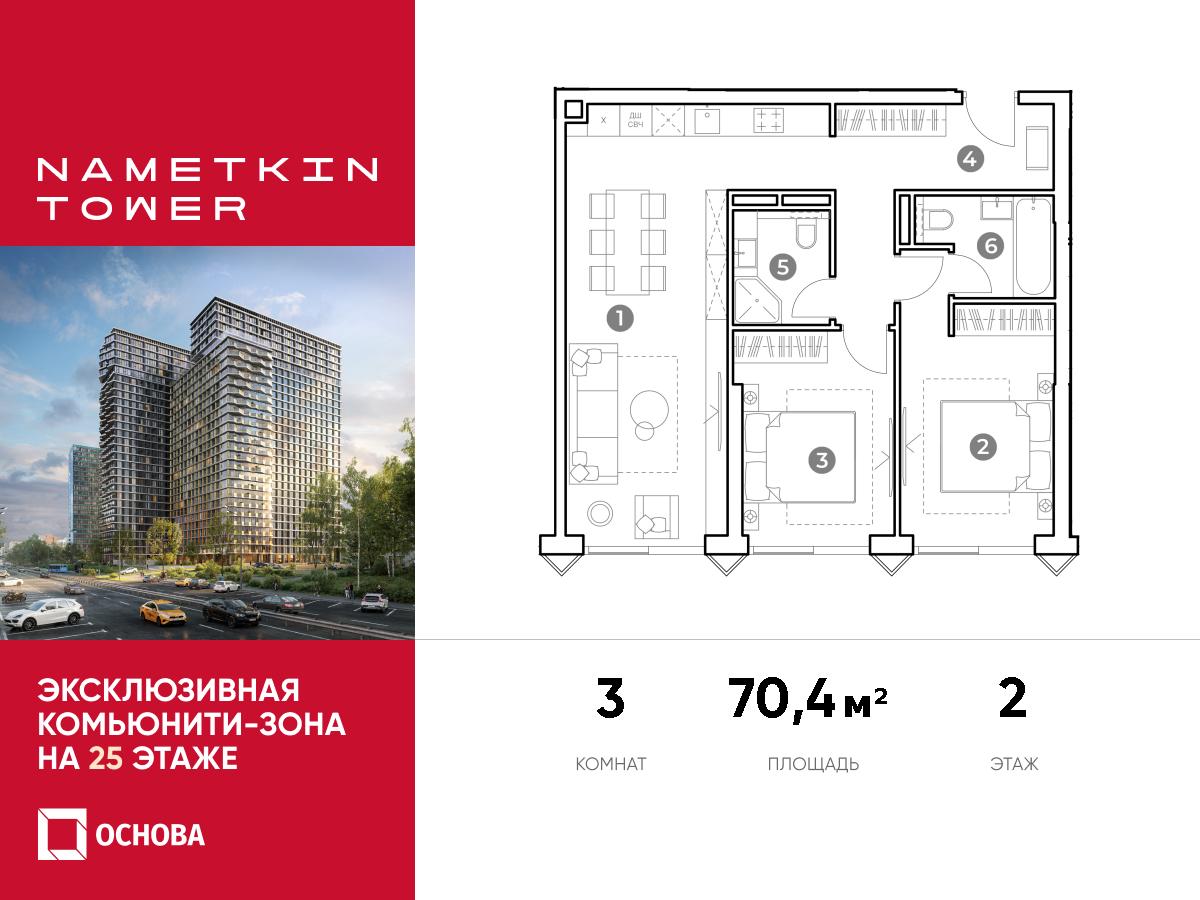 Планировка 3-комнатная квартира в ЖК Nametkin Tower (Наметкин Тауэр)