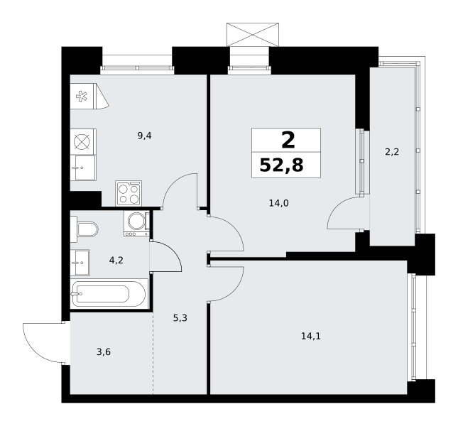 Планировка 2-комнатная квартира в ЖК "Прокшино"