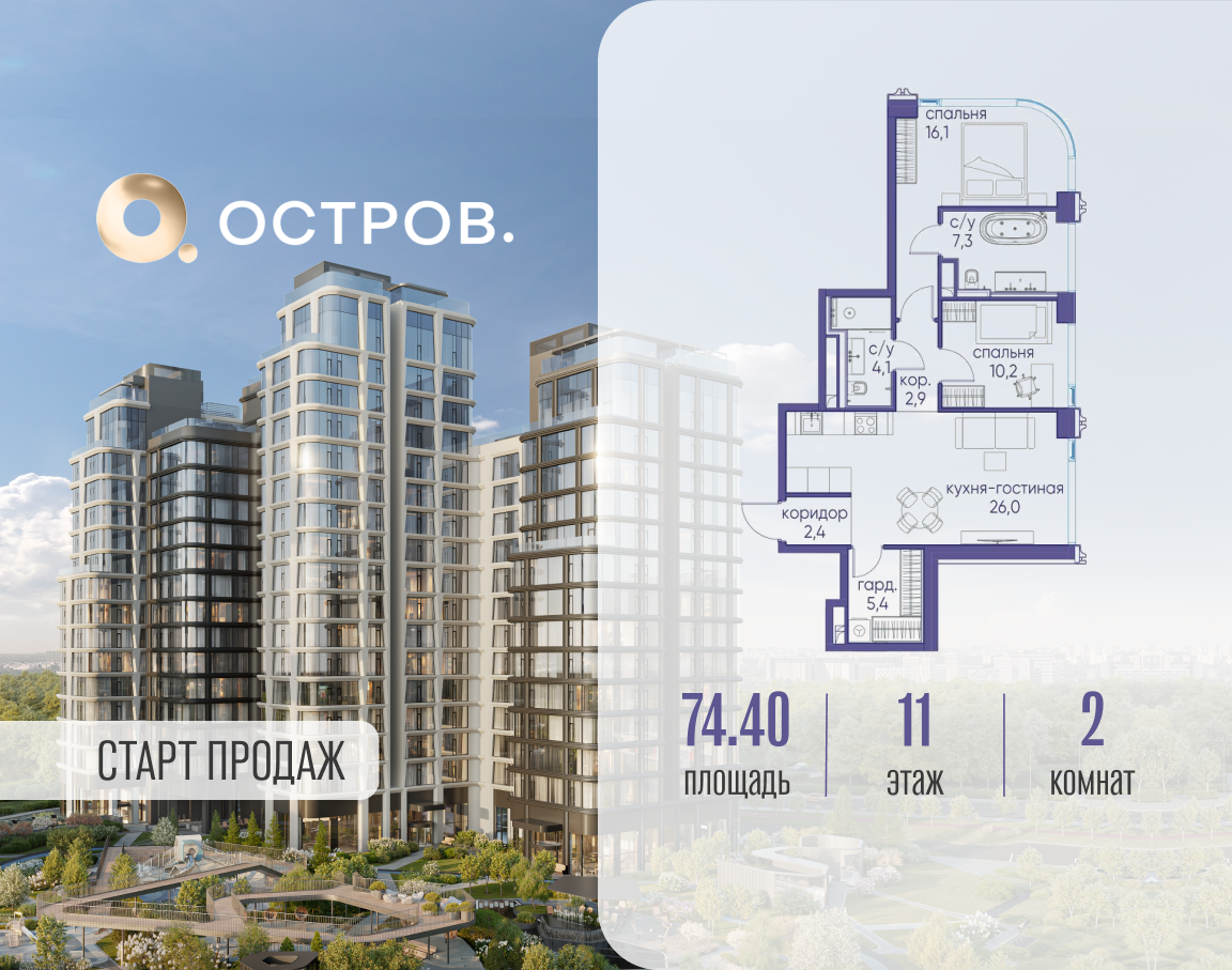 Планировка 2-комнатная квартира в ЖК "Остров"