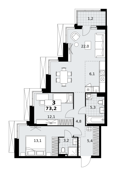Планировка 3-комнатная квартира в ЖК "Дзен-кварталы"