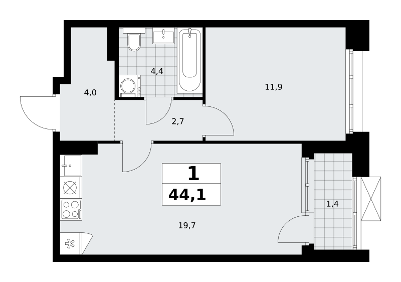 Планировка 1-комнатная квартира в ЖК "Прокшино"