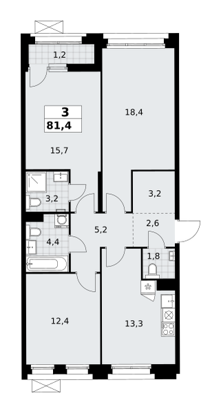 Планировка 3-комнатная квартира в ЖК "Прокшино"