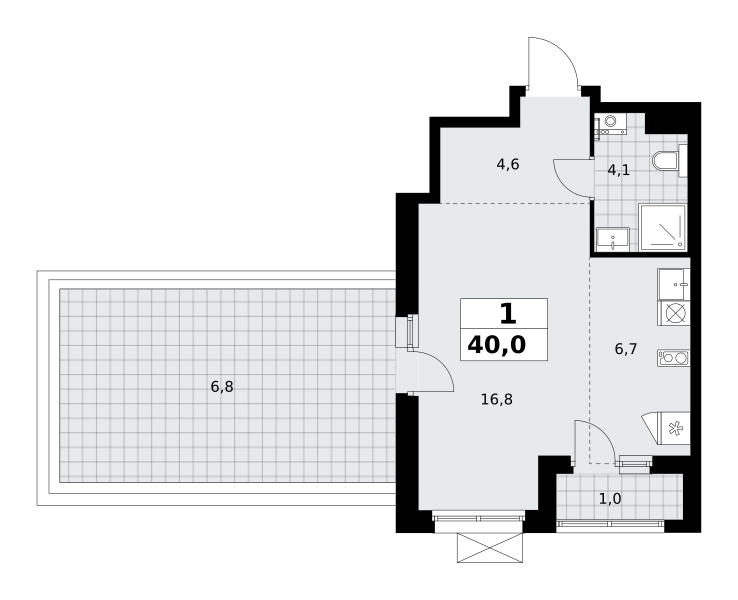 Планировка 1-комнатная квартира в ЖК "Прокшино"