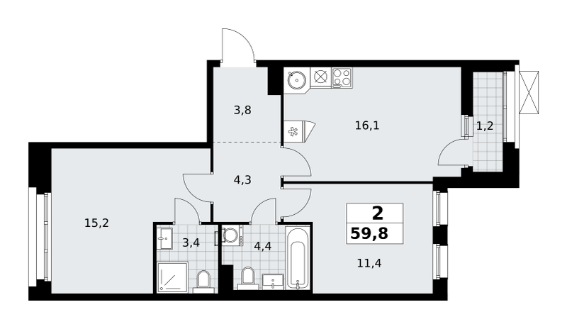 Планировка 2-комнатная квартира в ЖК "Прокшино"
