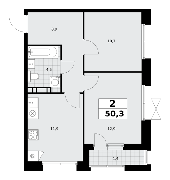 Планировка 2-комнатная квартира в ЖК "Бунинские Кварталы"
