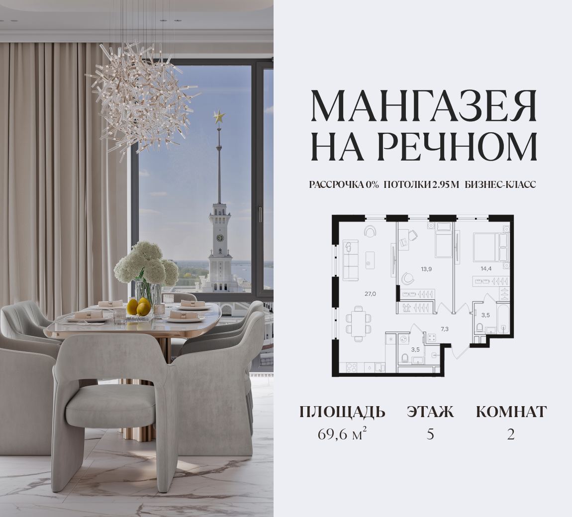 Планировка 2-комнатная квартира в ЖК "Мангазея на Речном"