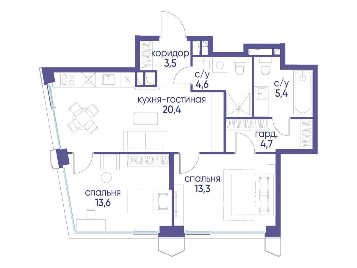 Планировка 2-комнатная квартира в ЖК "Остров"