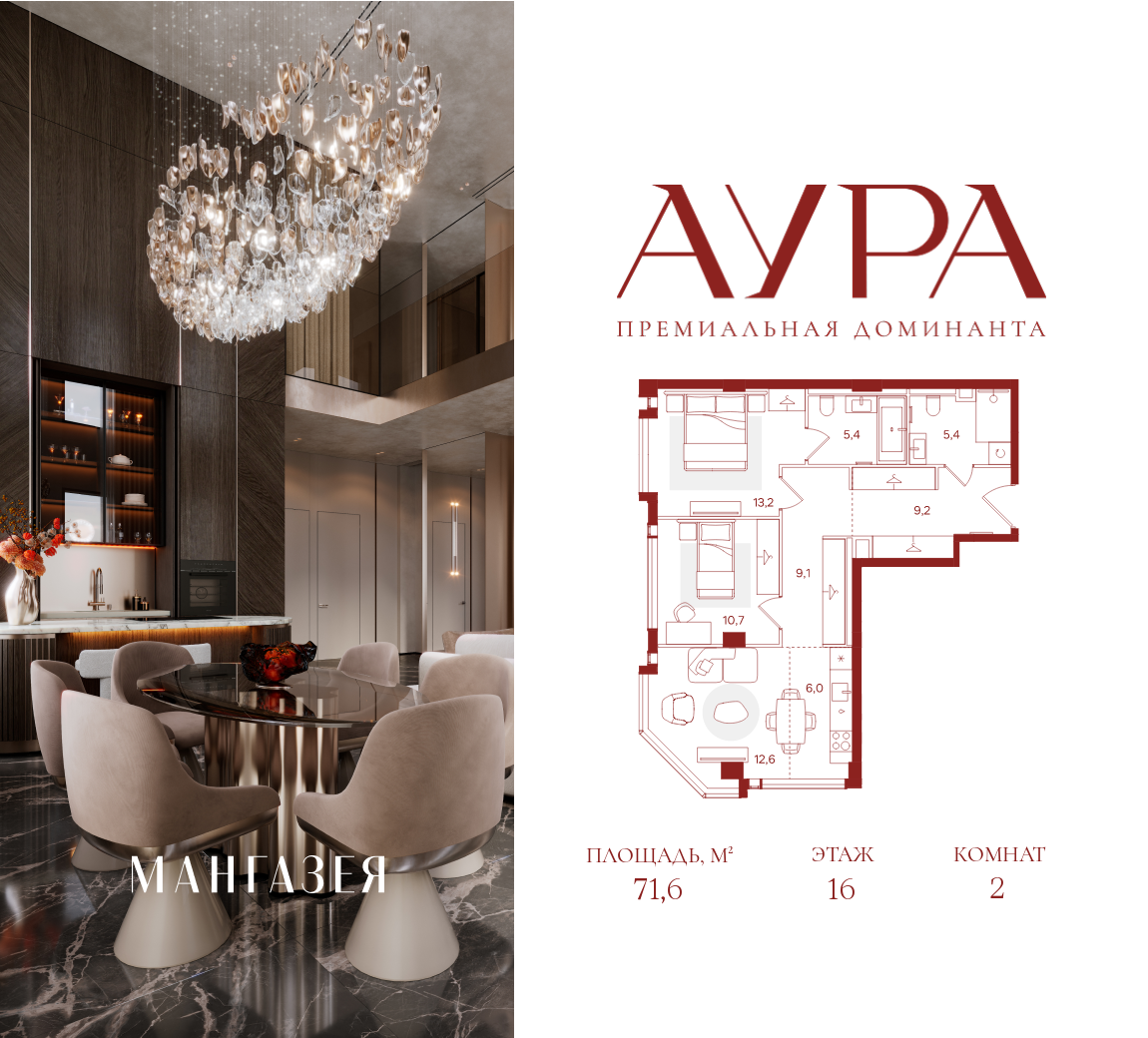 Планировка 2-комнатная квартира в ЖК "АУРА" (Мангазея на Тульской)