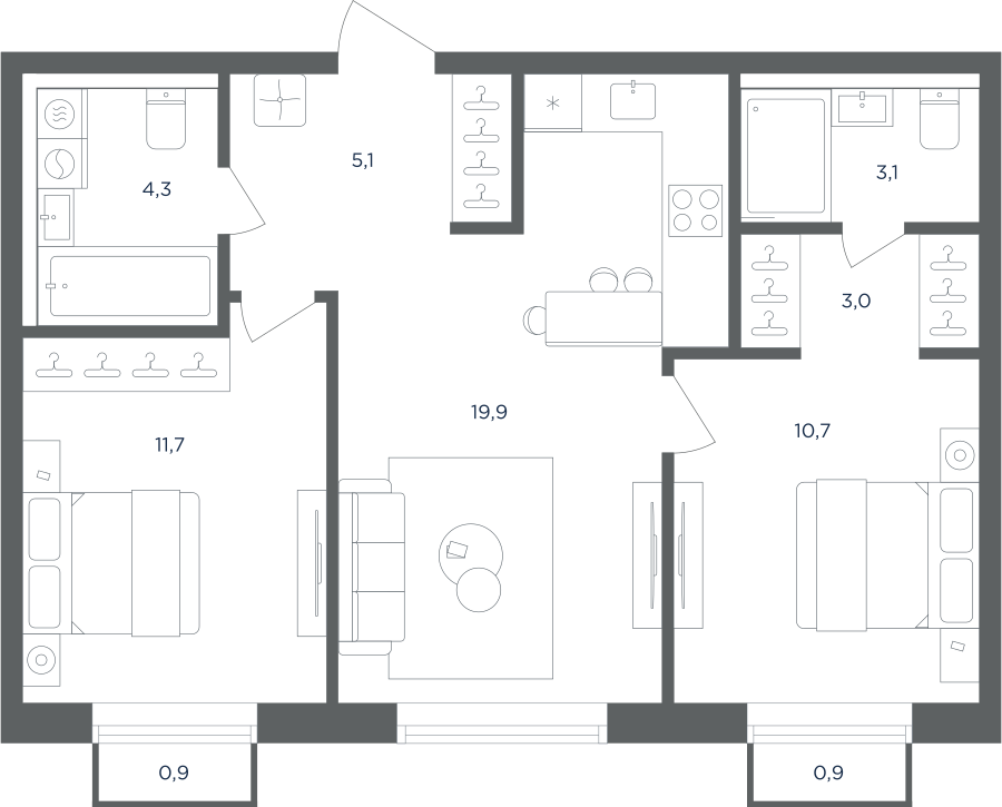Планировка 2-комнатная квартира в ЖК "Равновесие"