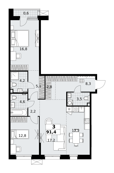 Планировка 3-комнатная квартира в ЖК "Дзен-кварталы"