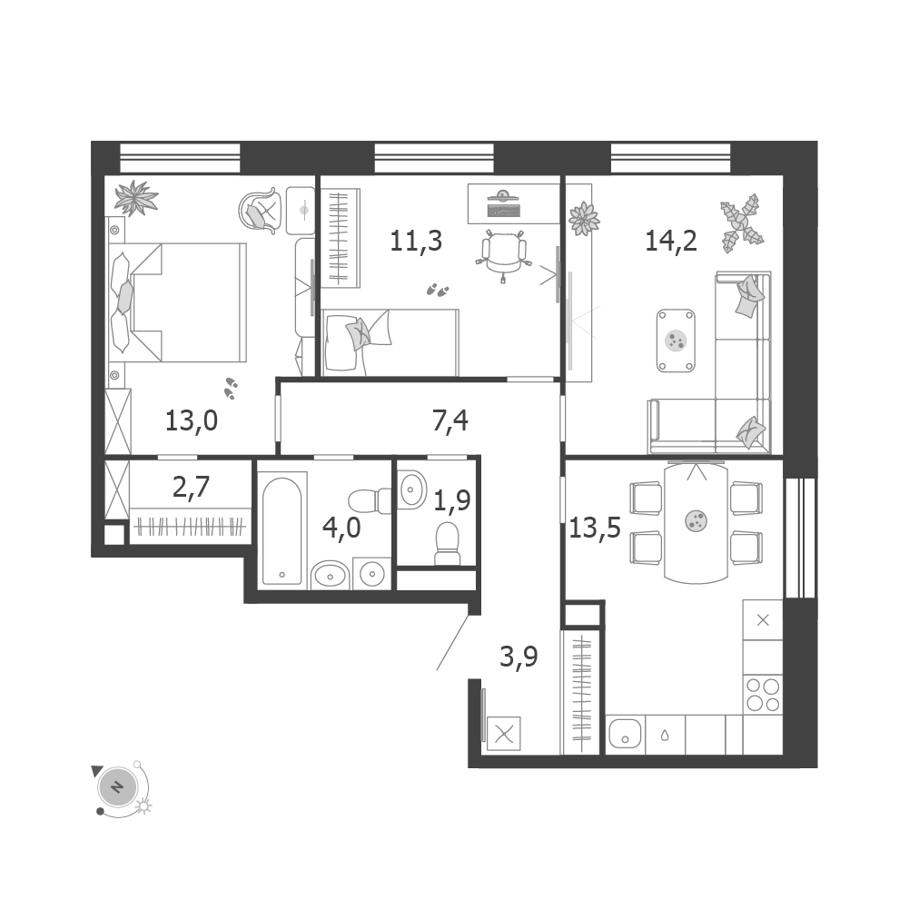 Планировка 3-комнатная квартира в ЖК Shagal (Шагал)