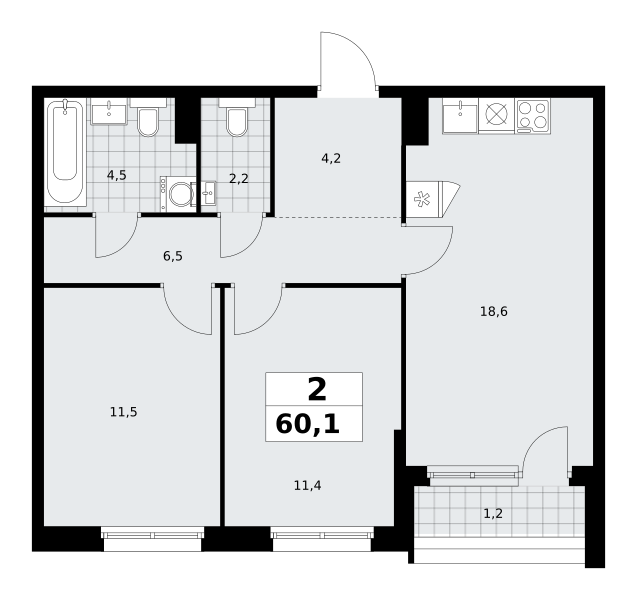 Планировка 2-комнатная квартира в ЖК "Прокшино"