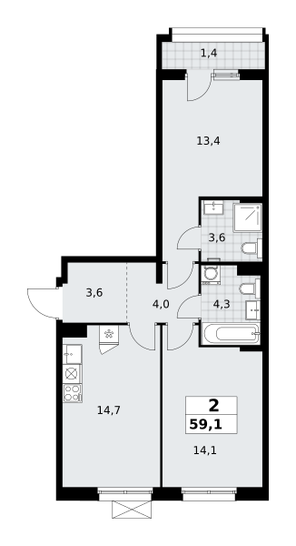 Планировка 2-комнатная квартира в ЖК "Прокшино"