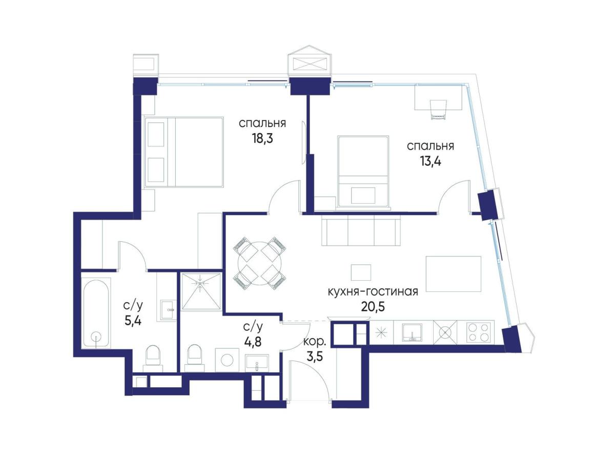 Планировка 2-комнатная квартира в ЖК "Остров"