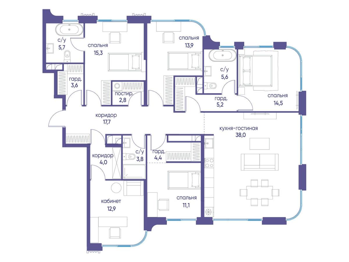 Планировка 5-комнатная квартира в ЖК "Остров"