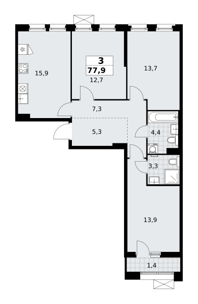 Планировка 3-комнатная квартира в ЖК "Прокшино"