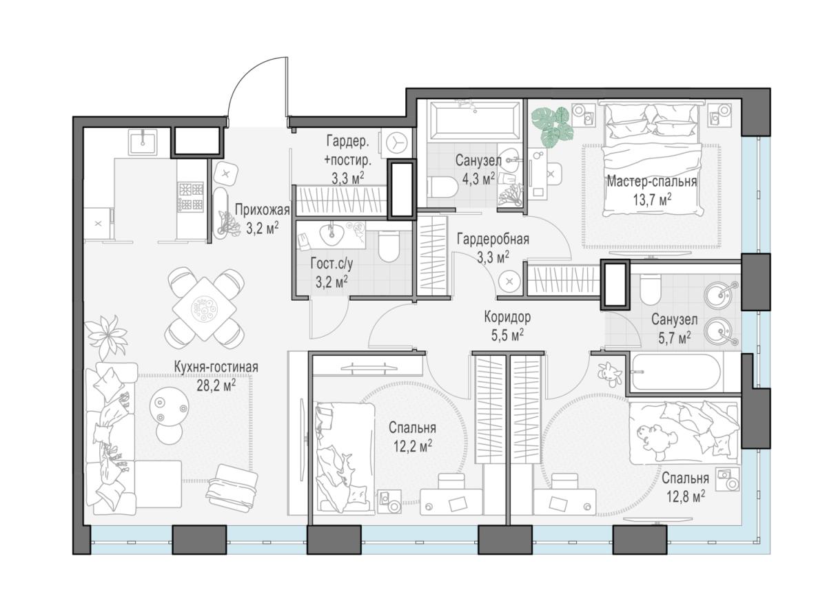 Планировка 4-комнатная квартира в ЖК West Garden (Вест Гарден)