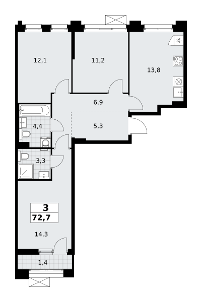 Планировка 3-комнатная квартира в ЖК "Прокшино"