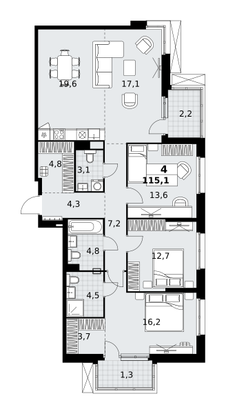 Планировка 4-комнатная квартира в ЖК "Дзен-кварталы"