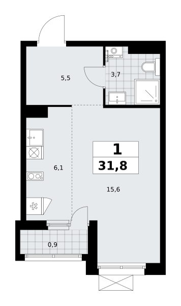 Планировка 1-комнатная квартира в ЖК "Прокшино"