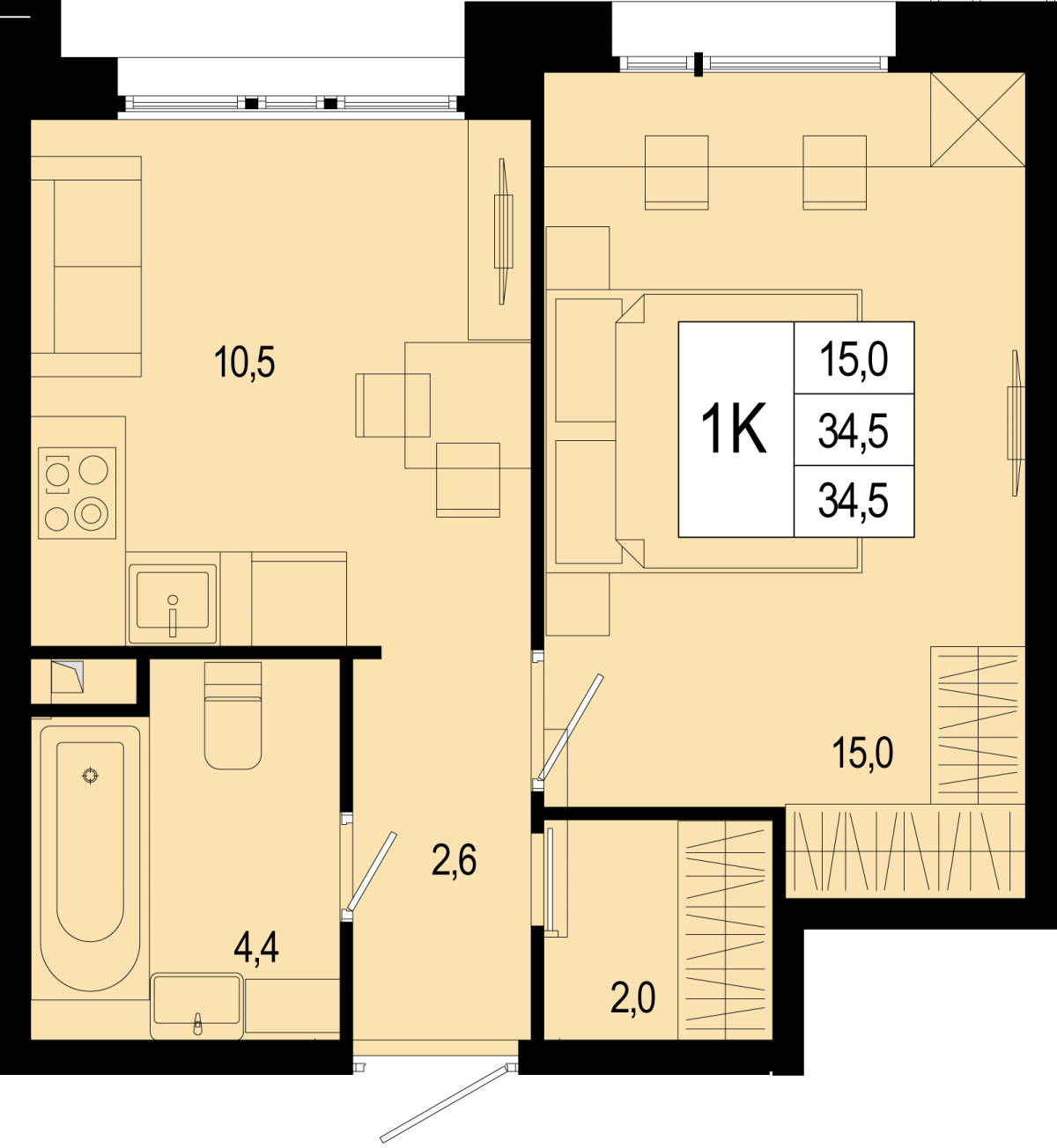 Планировка 1-комнатная квартира в ЖК "Новая Щербинка"