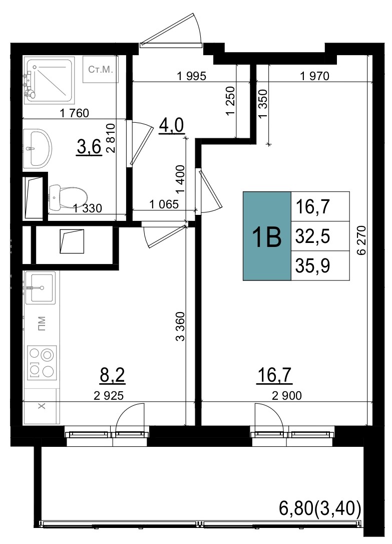 Планировка 1-комнатная квартира в ЖК "Одинцово Сити"