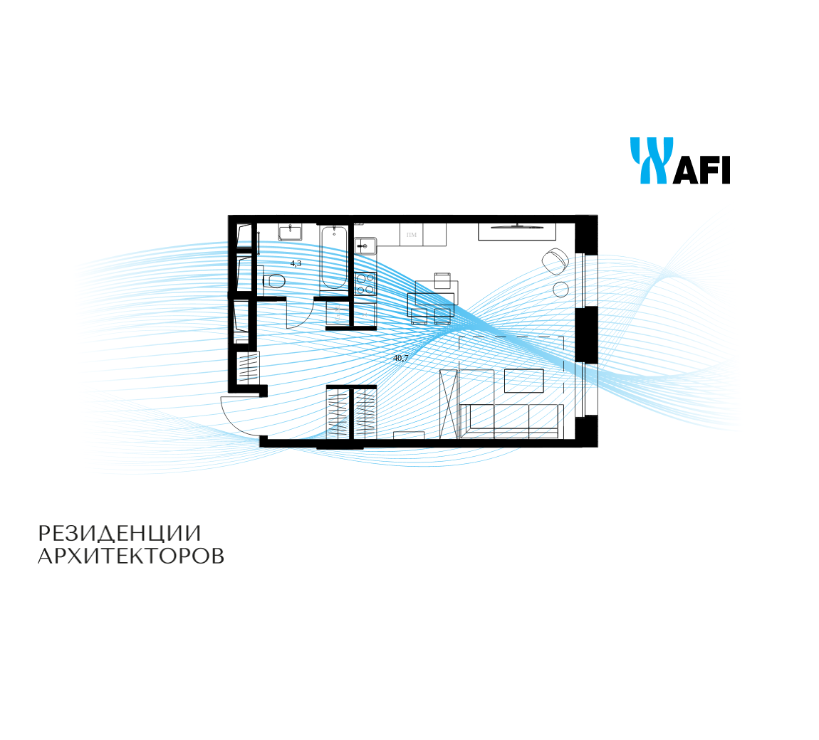 Планировка 1-комнатная квартира в ЖК "Резиденции Архитекторов"
