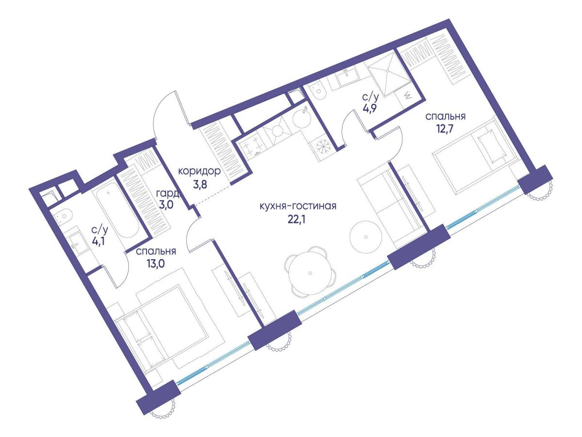 Планировка 2-комнатная квартира в ЖК "Остров"
