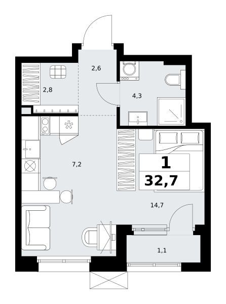 Планировка 1-комнатная квартира в ЖК "Дзен-кварталы"