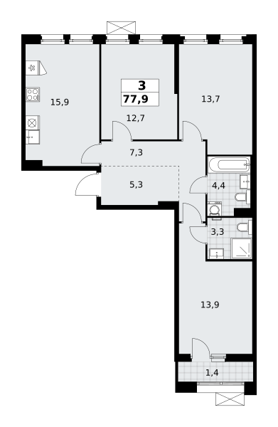 Планировка 3-комнатная квартира в ЖК "Прокшино"