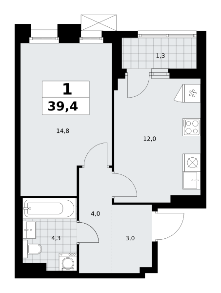 Планировка 1-комнатная квартира в ЖК "Прокшино"