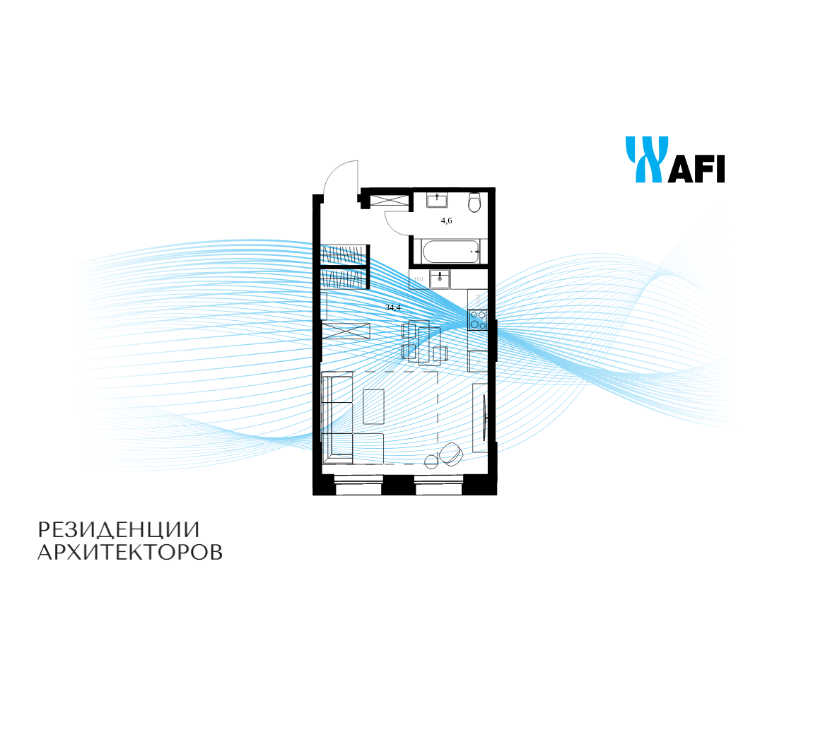 Планировка 1-комнатная квартира в ЖК "Резиденции Архитекторов"