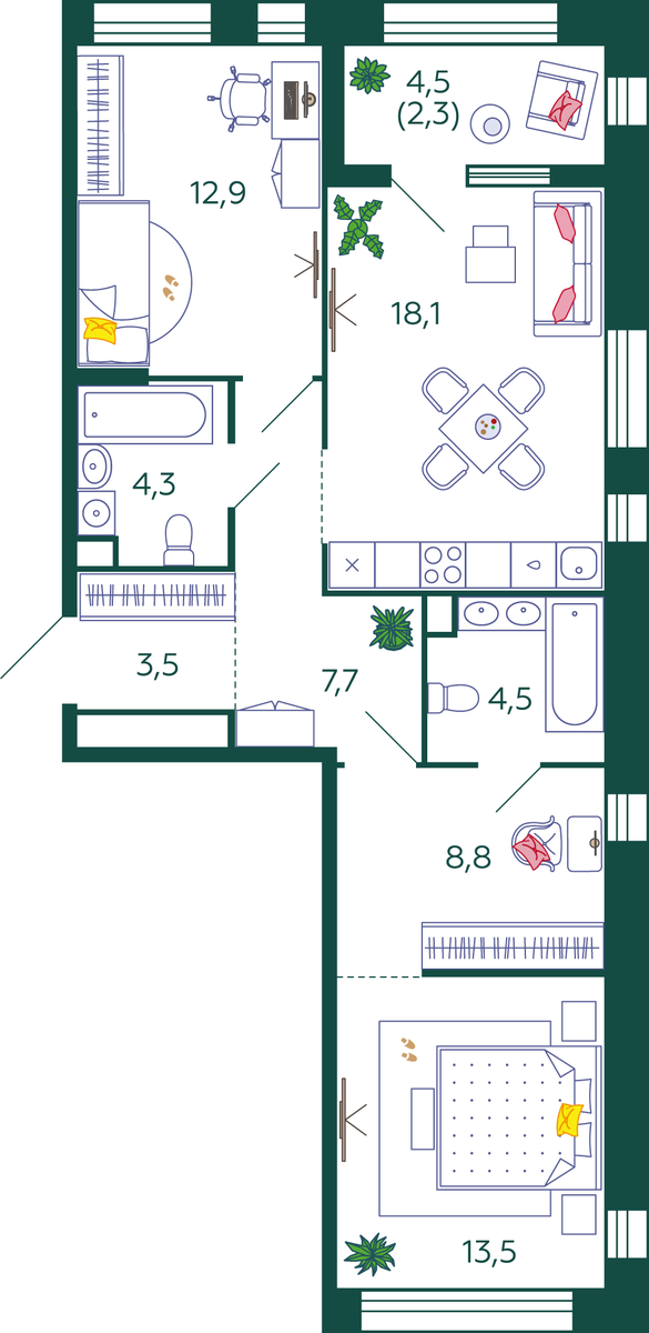 Планировка 2-комнатная квартира в ЖК Shagal (Шагал)