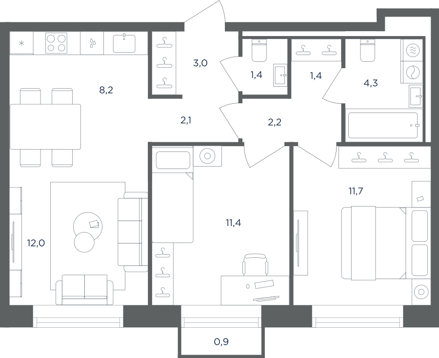 Планировка 3-комнатная квартира в ЖК "Равновесие"