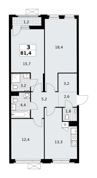 Планировка 3-комнатная квартира в ЖК "Прокшино"