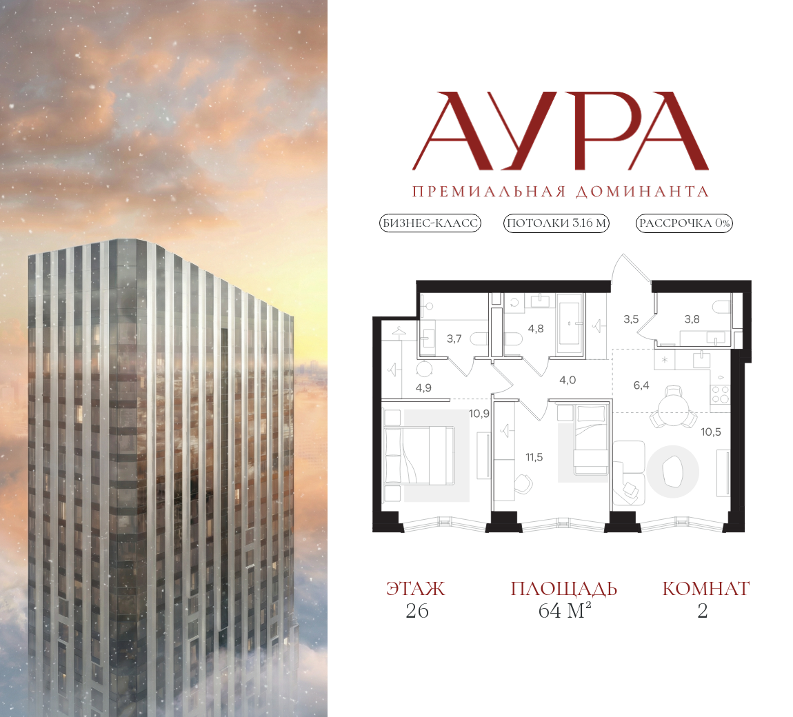 Планировка 2-комнатная квартира в ЖК "АУРА" (Мангазея на Тульской)