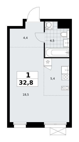 Планировка 1-комнатная квартира в ЖК "Прокшино"