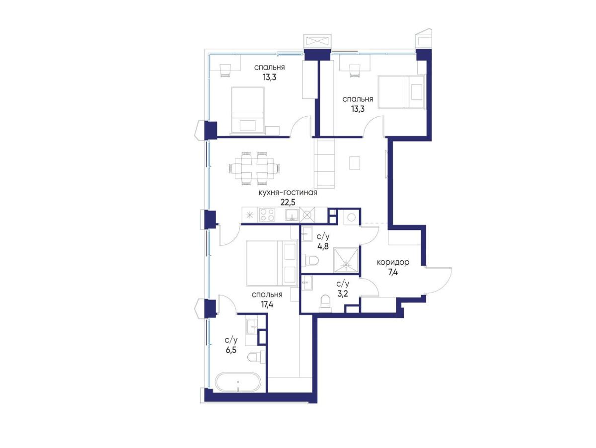 Планировка 3-комнатная квартира в ЖК "Остров"