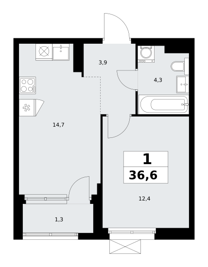 Планировка 1-комнатная квартира в ЖК "Прокшино"