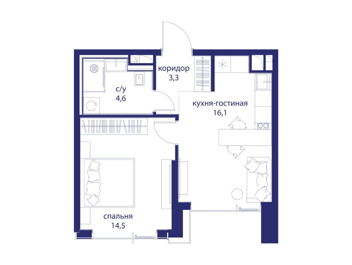 Планировка 1-комнатная квартира в ЖК "Событие"
