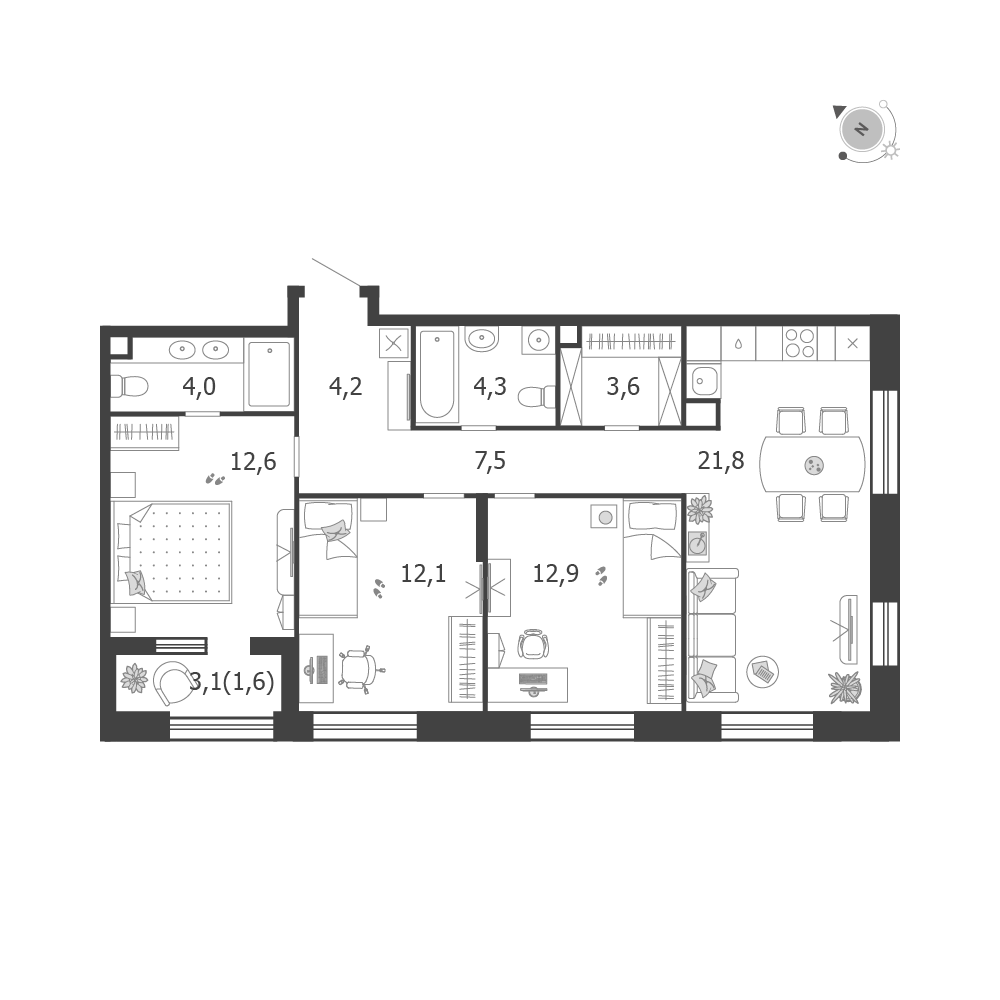 Планировка 3-комнатная квартира в ЖК Shagal (Шагал)