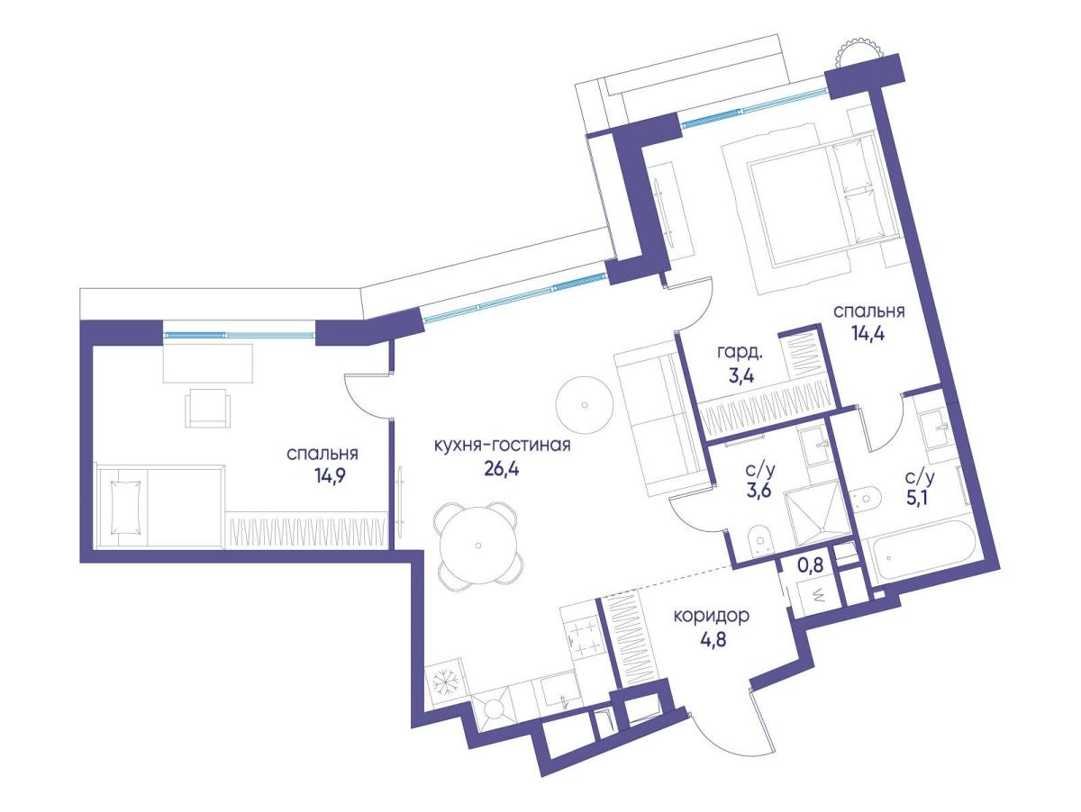 Планировка 2-комнатная квартира в ЖК "Остров"