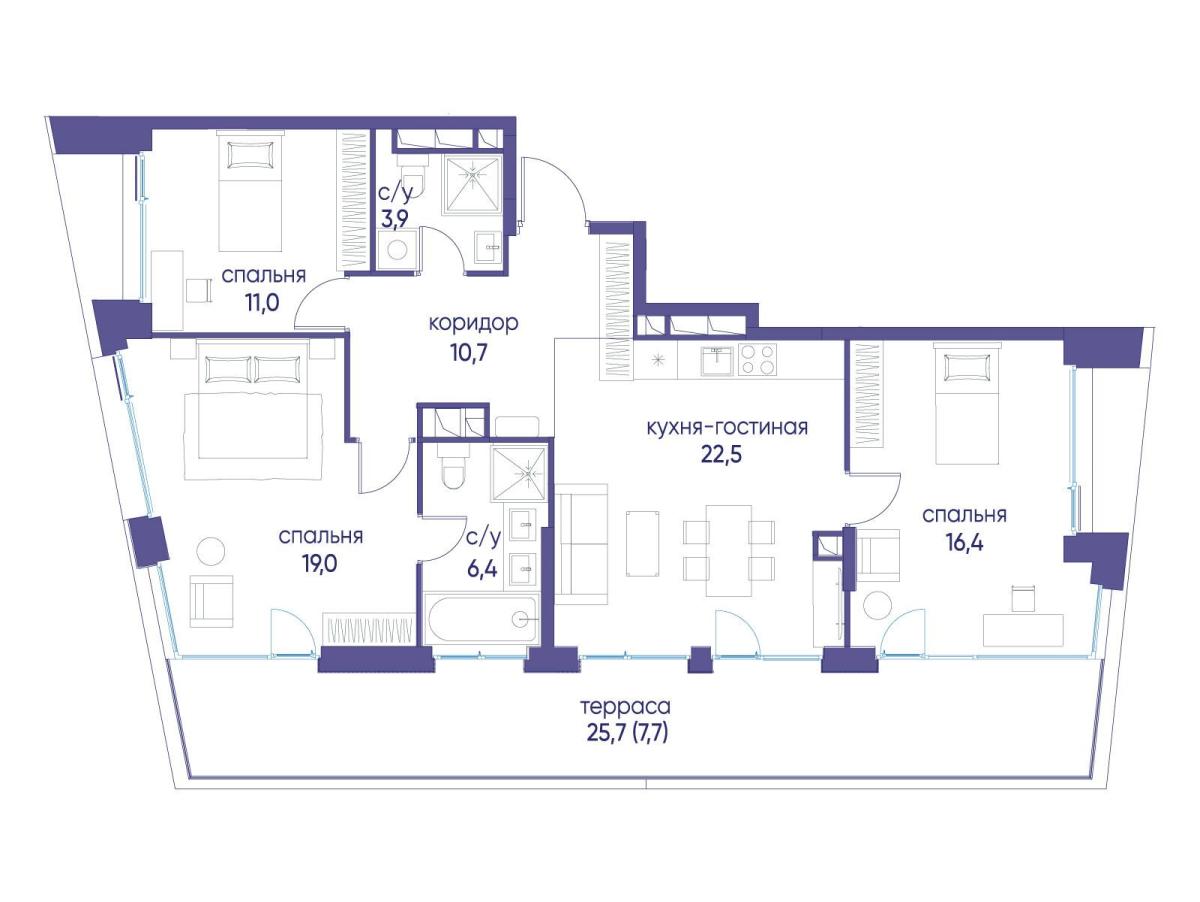 Планировка 3-комнатная квартира в ЖК "Остров"