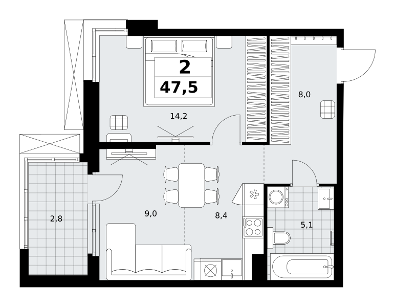 Планировка 2-комнатная квартира в ЖК "Дзен-кварталы"