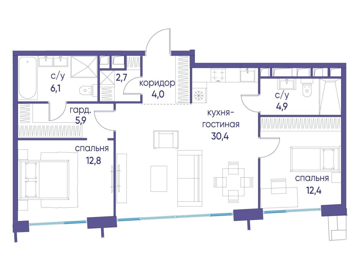 Планировка 2-комнатная квартира в ЖК "Остров"