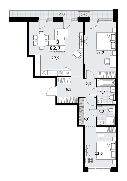 Планировка 2-комнатная квартира в ЖК "Дзен-кварталы"