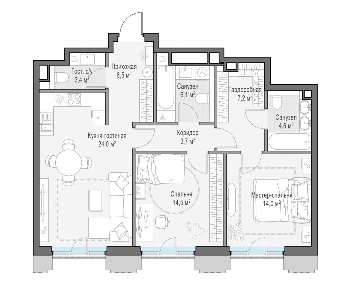 Планировка 3-комнатная квартира в ЖК "Тишинский бульвар"
